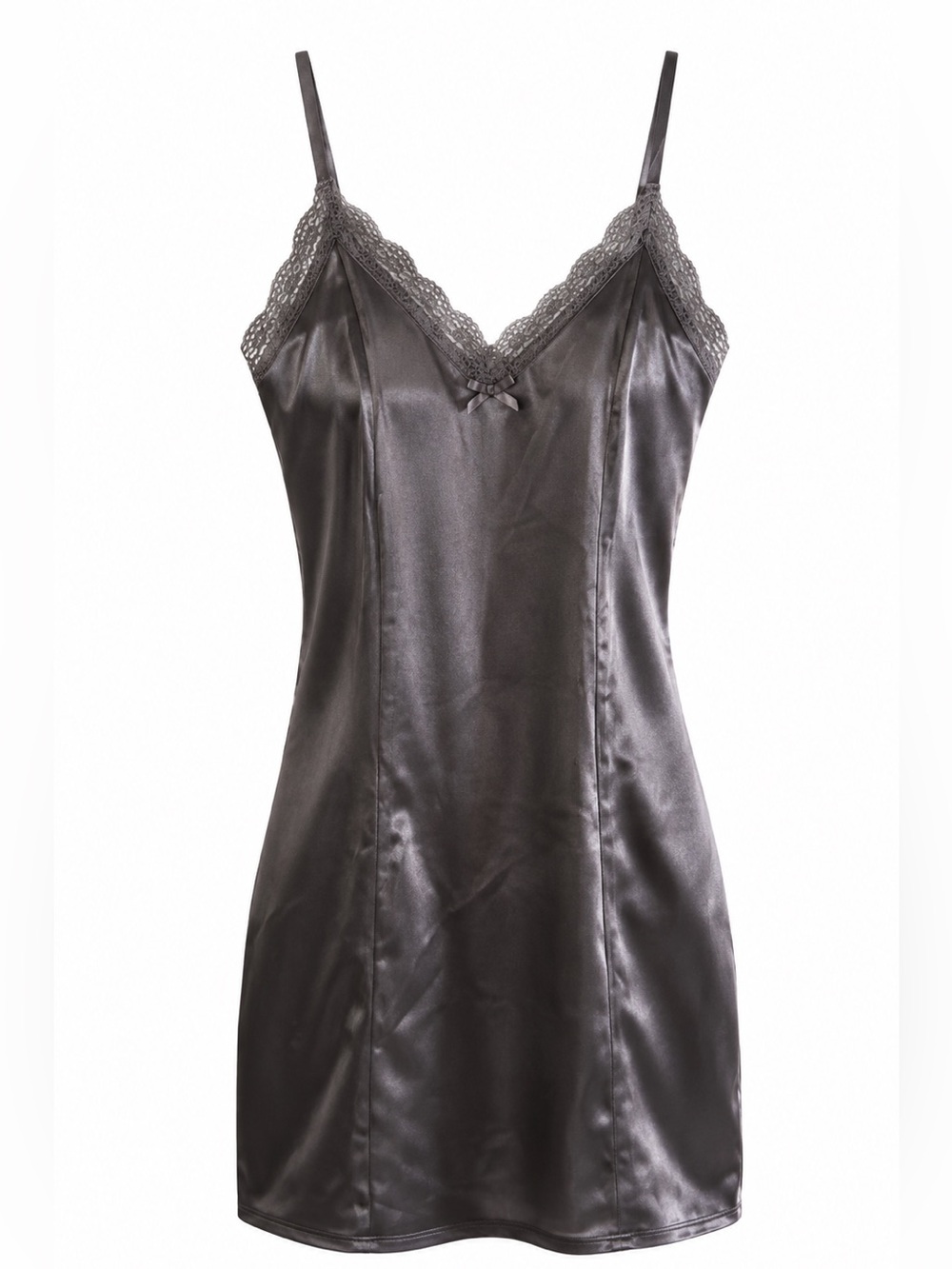 NWT H&M DARK GRAY SATIN MINI DRESS WITH LACE TRIM